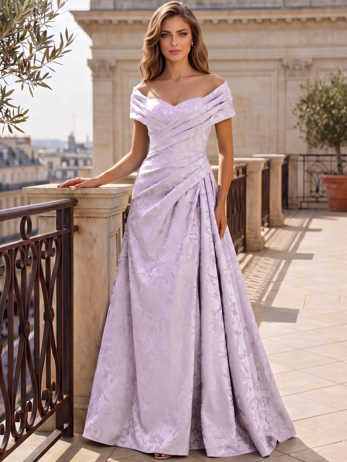 A-Line Evening Dresses Off The Shoulder Floral Jacquard With Ruched Wedding Guest Evening Dress