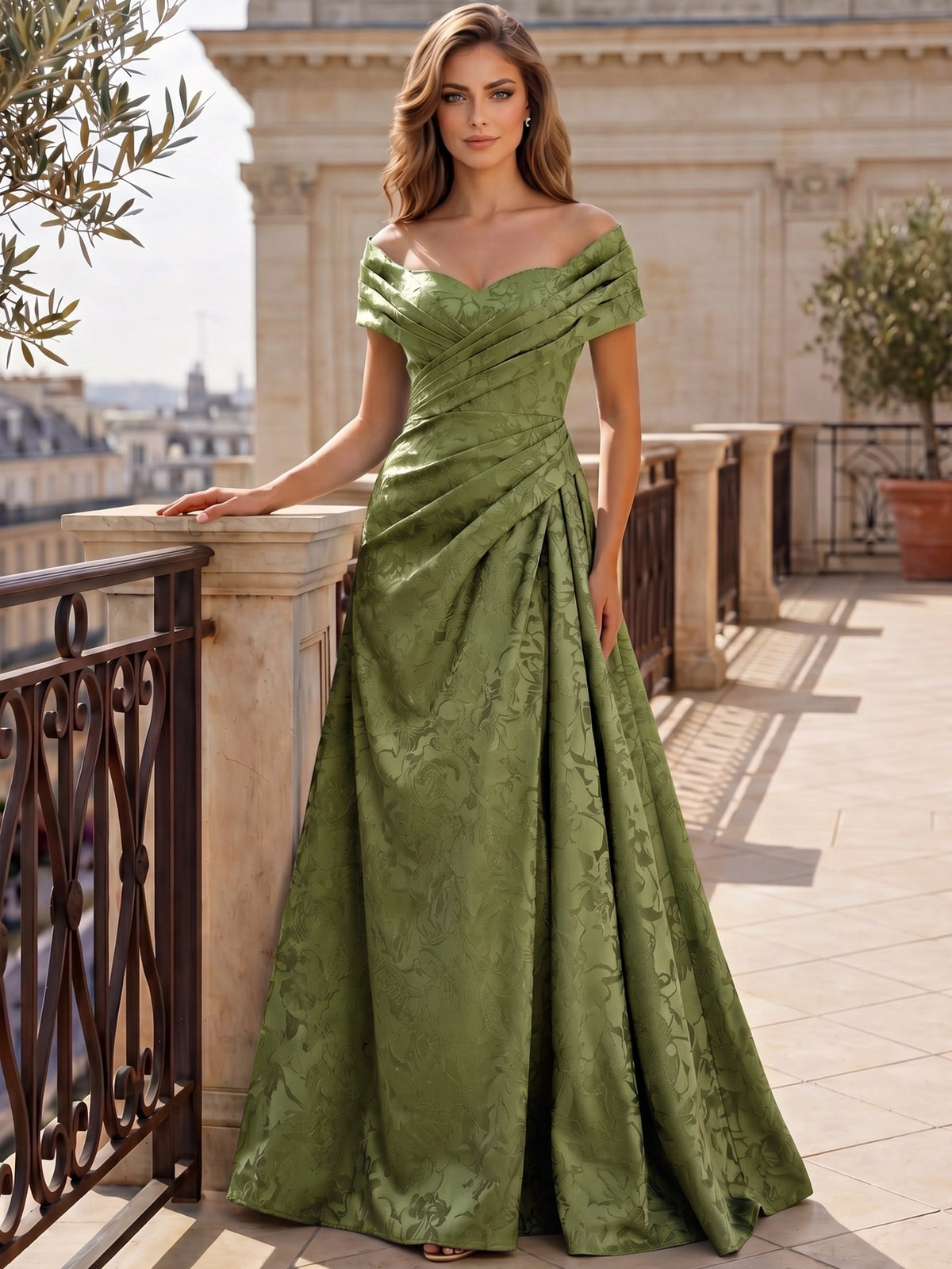 A-Line Evening Dresses Off The Shoulder Floral Jacquard With Ruched Wedding Guest Evening Dress