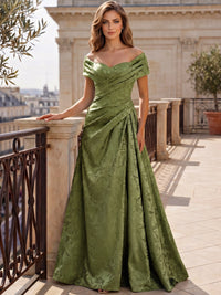 A-Line Evening Dresses Off The Shoulder Floral Jacquard With Ruched Wedding Guest Evening Dress