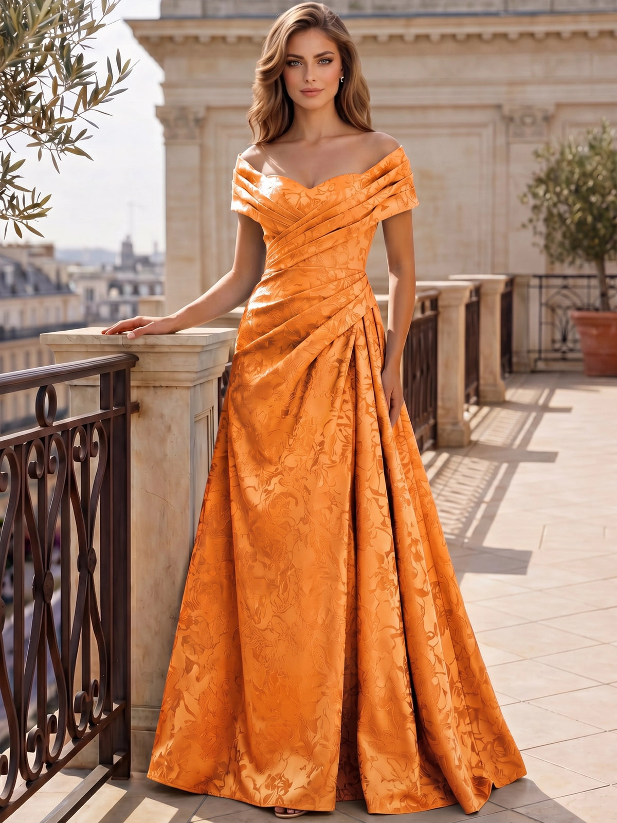A-Line Evening Dresses Off The Shoulder Floral Jacquard With Ruched Wedding Guest Evening Dress