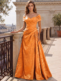 A-Line Evening Dresses Off The Shoulder Floral Jacquard With Ruched Wedding Guest Evening Dress