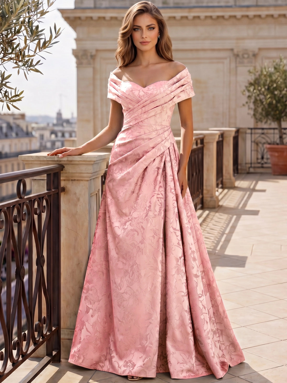 A-Line Evening Dresses Off The Shoulder Floral Jacquard With Ruched Wedding Guest Evening Dress