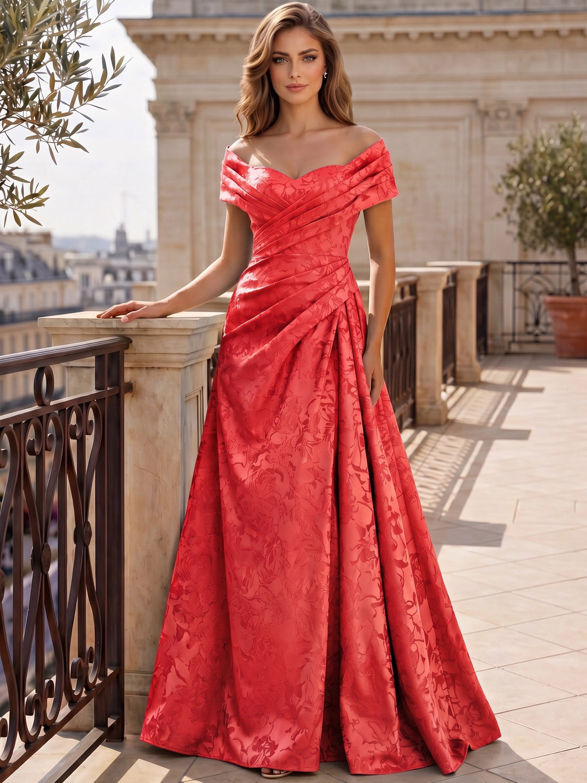 A-Line Evening Dresses Off The Shoulder Floral Jacquard With Ruched Wedding Guest Evening Dress