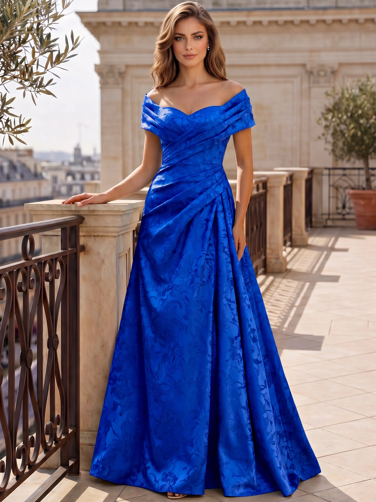 A-Line Evening Dresses Off The Shoulder Floral Jacquard With Ruched Wedding Guest Evening Dress