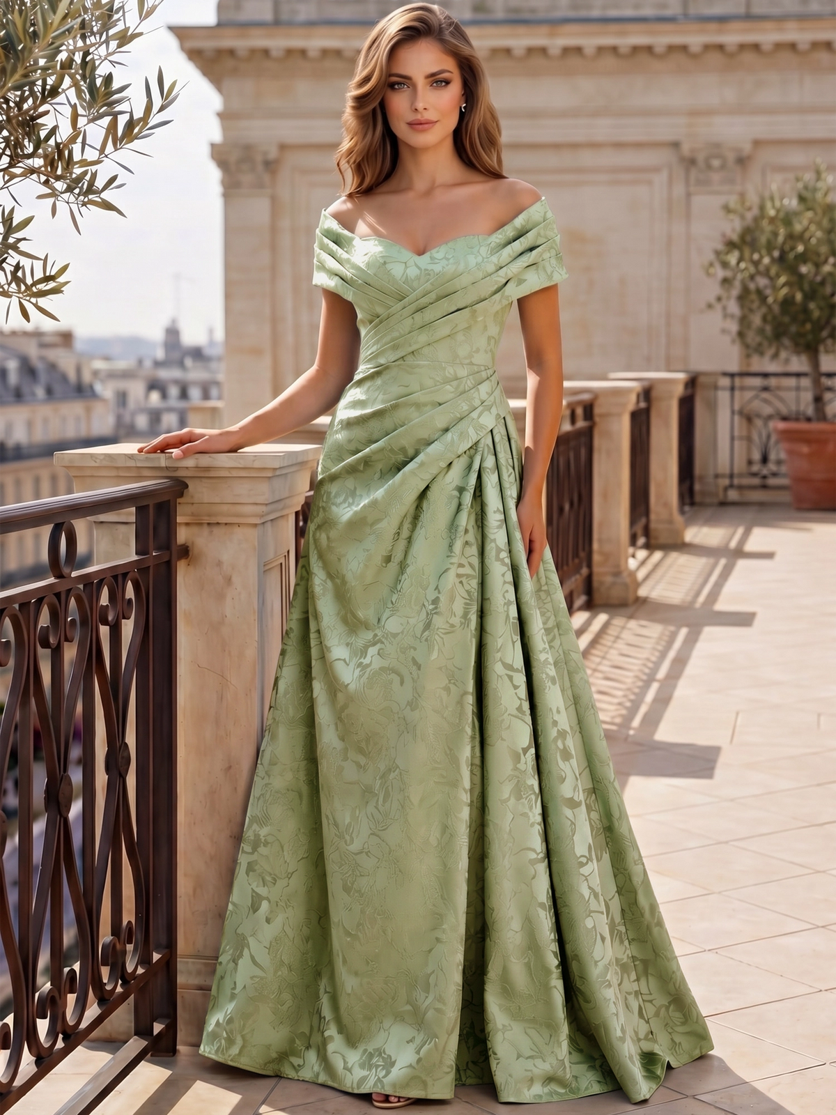 A-Line Evening Dresses Off The Shoulder Floral Jacquard With Ruched Wedding Guest Evening Dress