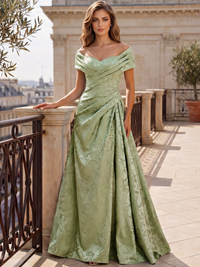 A-Line Evening Dresses Off The Shoulder Floral Jacquard With Ruched Wedding Guest Evening Dress