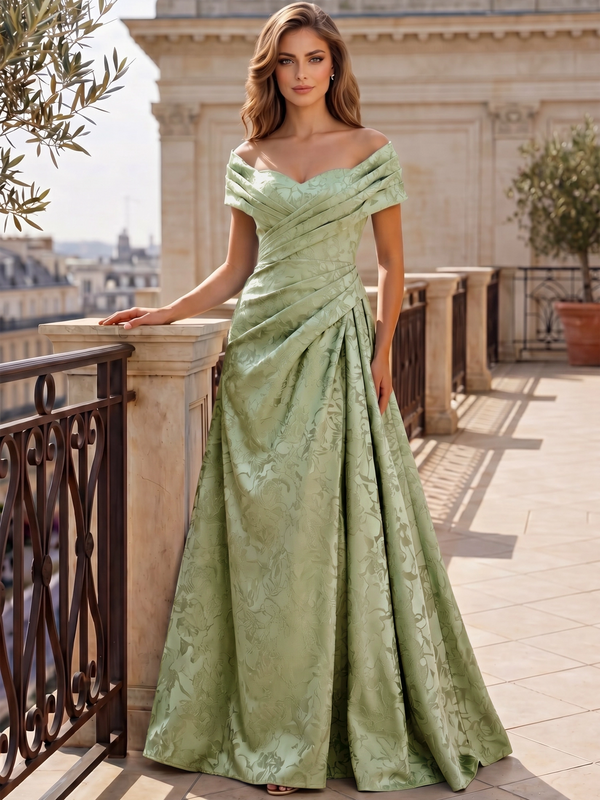 A-Line Evening Dresses Off The Shoulder Floral Jacquard Floor Length With Ruched Mother Of The Bride Dresses