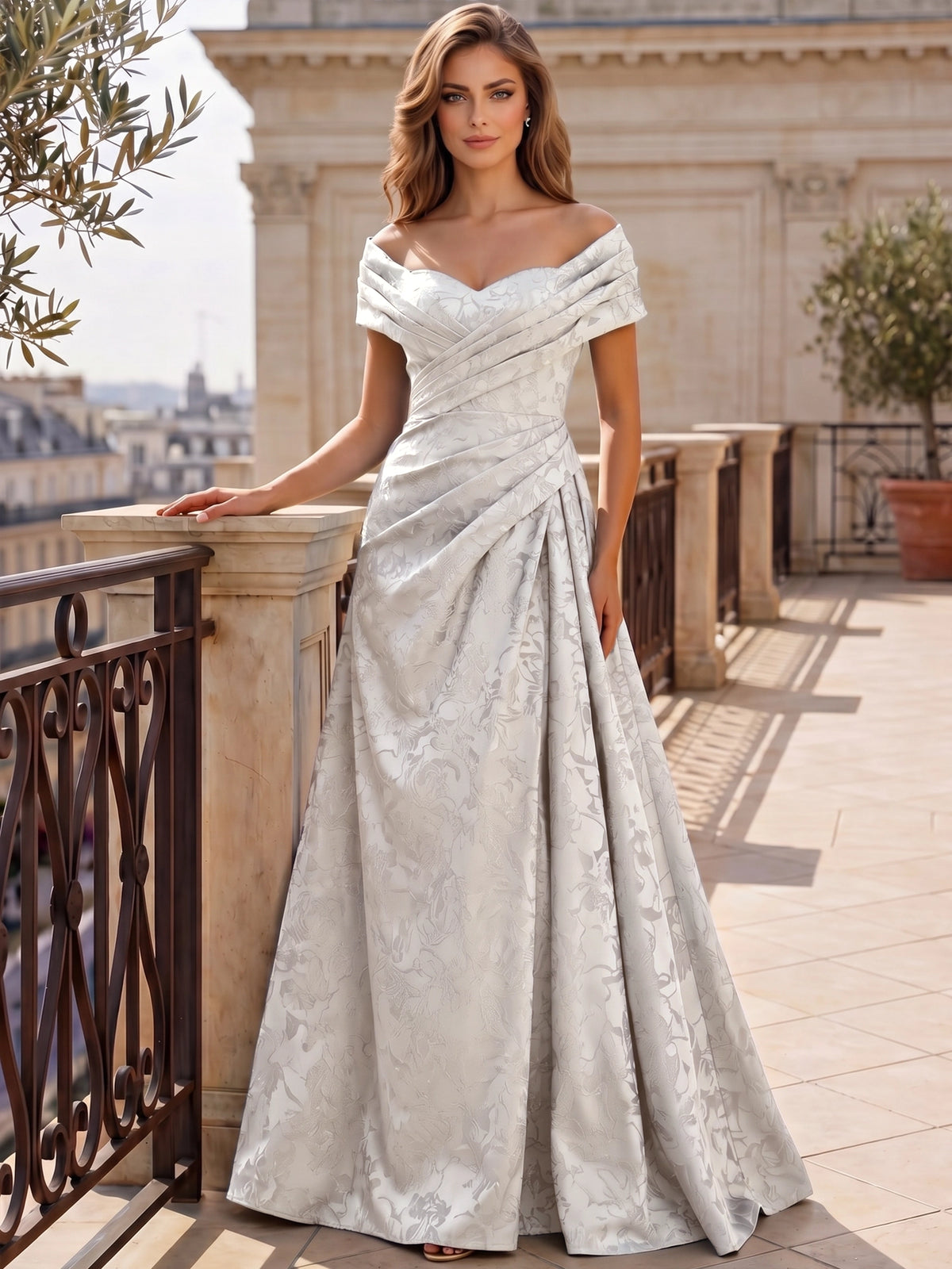 A-Line Evening Dresses Off The Shoulder Floral Jacquard With Ruched Wedding Guest Evening Dress