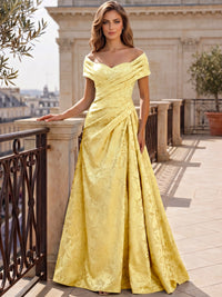 A-Line Evening Dresses Off The Shoulder Floral Jacquard With Ruched Wedding Guest Evening Dress