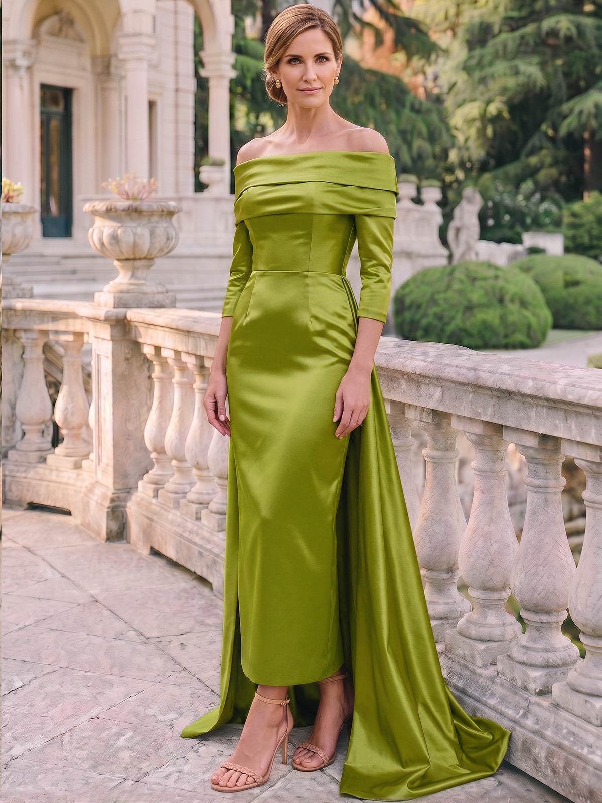 Nafori Olive Green Sheath/Column Mother Of The Bride Dresses Satin Strapless 3/4 Sleeves Asymmetrical Watteau Train 2026