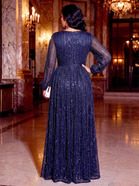 A-Line/Princess Plus Size Evening Dresses Sequins Floor-Length V-Neck Illusion Long Sleeves Pleated Zipper