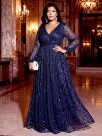 A-Line/Princess Plus Size Evening Dresses Sequins Floor-Length V-Neck Illusion Long Sleeves Pleated Zipper