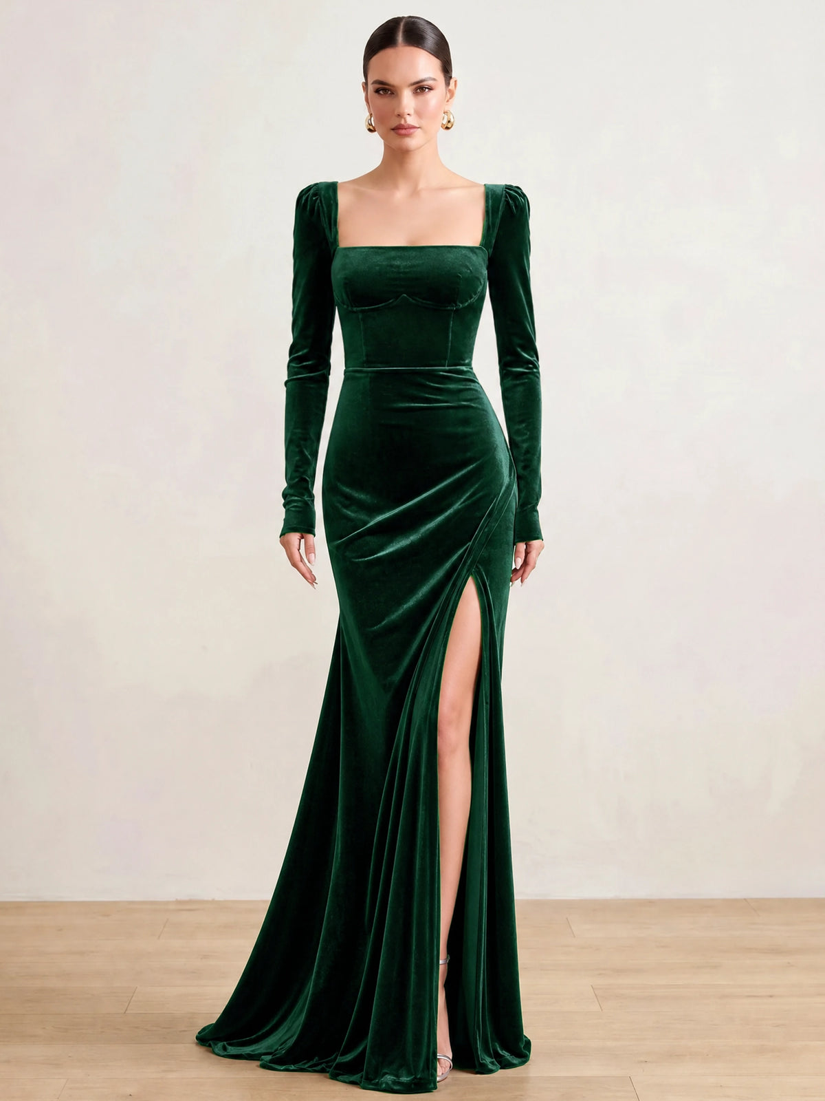 Sheath Velvet Evening Gown Floor Length Square Neck Dark Green Long Sleeves Elegant Formal Dress With High Slit