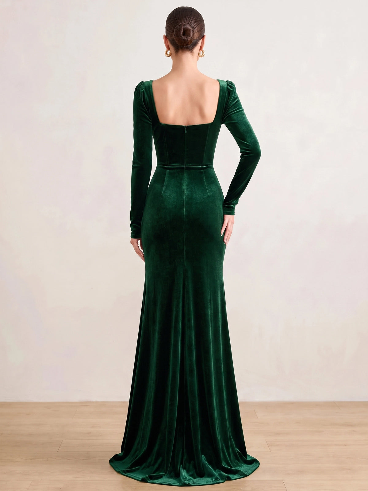 Sheath Velvet Evening Gown Floor Length Square Neck Dark Green Long Sleeves Elegant Formal Dress With High Slit