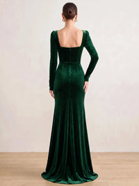Sheath Velvet Evening Gown Floor Length Square Neck Dark Green Long Sleeves Elegant Formal Dress With High Slit
