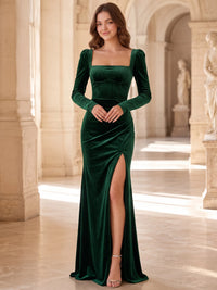 Sheath Velvet Evening Gown Floor Length Square Neck Dark Green Long Sleeves Elegant Formal Dress With High Slit