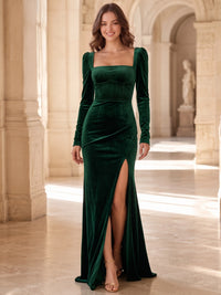 Sheath Velvet Evening Gown Floor Length Square Neck Dark Green Long Sleeves Elegant Formal Dress With High Slit