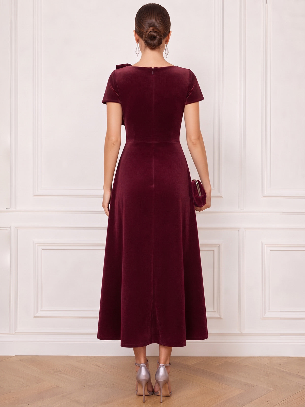 Sheath/Column Velvet Cocktail Dress Square Neck Tea Length Ruched With Overskirt Zipper Short Sleeves Elegant Formal Wedding Guest Dress