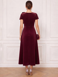 Sheath/Column Velvet Cocktail Dress Square Neck Tea Length Ruched With Overskirt Zipper Short Sleeves Elegant Formal Wedding Guest Dress