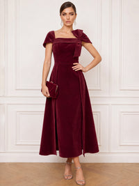 Sheath/Column Velvet Cocktail Dress Square Neck Tea Length Ruched With Overskirt Zipper Short Sleeves Elegant Formal Wedding Guest Dress