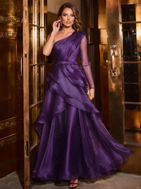 A-Line/Princess Evening Dresses Asymmetrical Purple One Shoulder Tulle Floor-Length Sleeveless Tiered Ruffles Dress