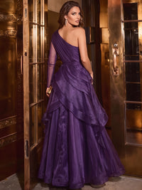 A-Line/Princess Evening Dresses Asymmetrical Purple One Shoulder Tulle Floor-Length Sleeveless Tiered Ruffles Dress