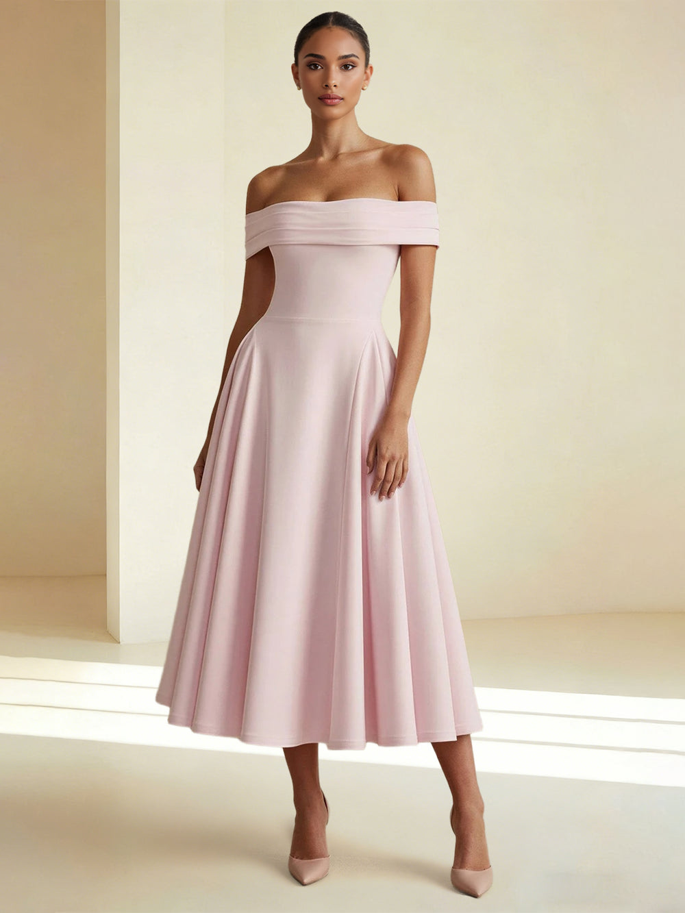 A-Line/Princess Elegant Cocktail Dress Off-The-Shoulder Sleeveless Tea-Length Stretch Crepe Ruched Dress
