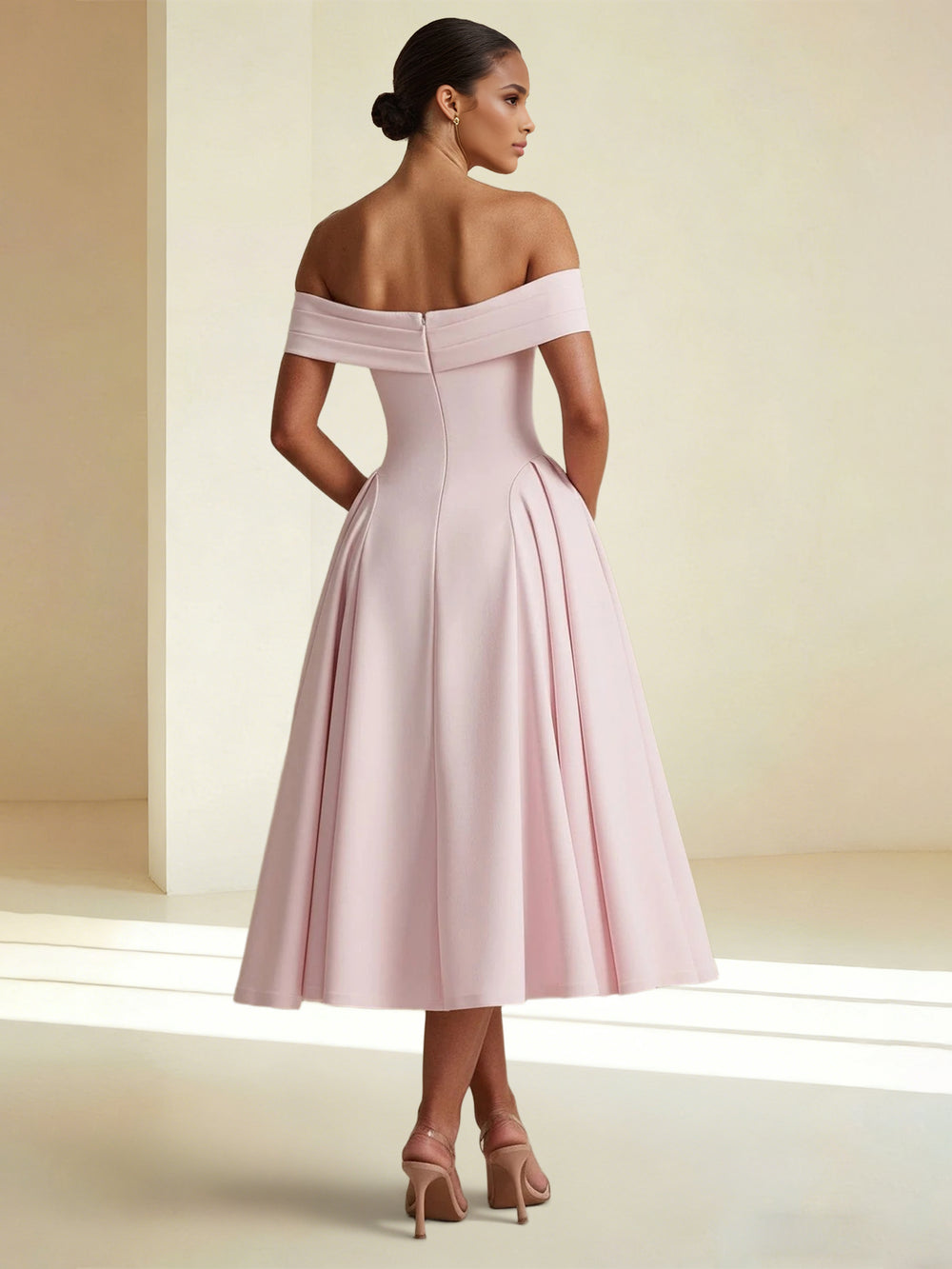 A-Line/Princess Elegant Cocktail Dress Off-The-Shoulder Sleeveless Tea-Length Stretch Crepe Ruched Dress