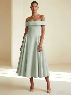 off the shoulder stretch crepe ruched dress A-Line/Princess Elegant Cocktail Dress Off-The-Shoulder Sleeveless Tea