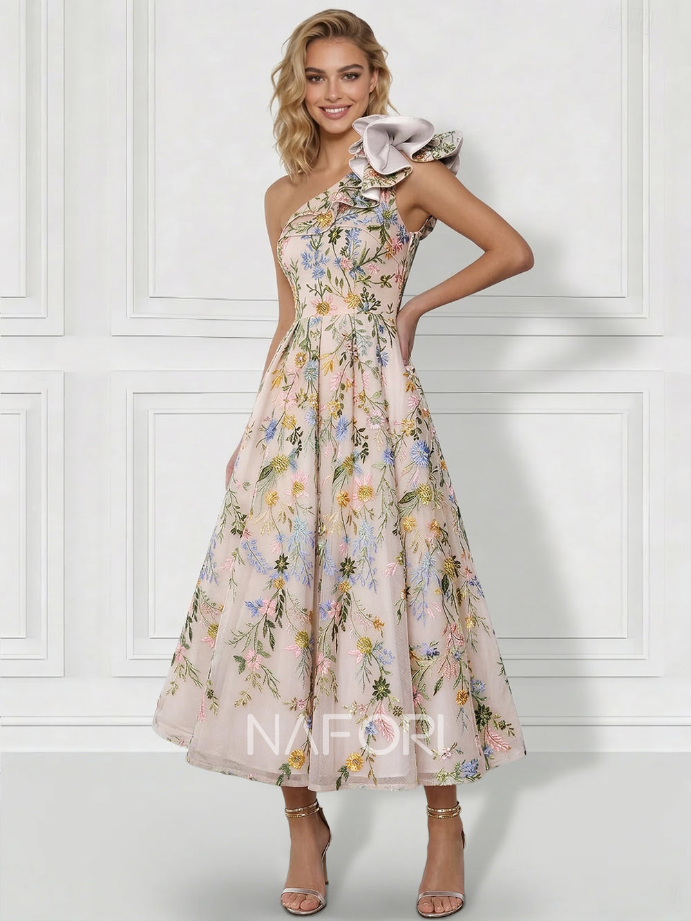 A-Line/Princess Elegant Cocktail Dress One Shoulder Tea-Length Floral Embroiery Dress Formal Wedding Guest Ruffles