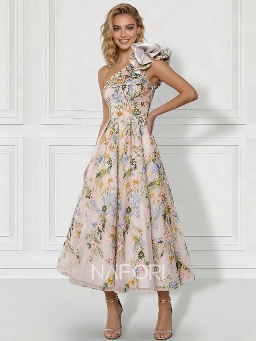 A-Line/Princess Elegant Cocktail Dress One Shoulder Tea-Length Floral Embroiery Dress Formal Wedding Guest Ruffles