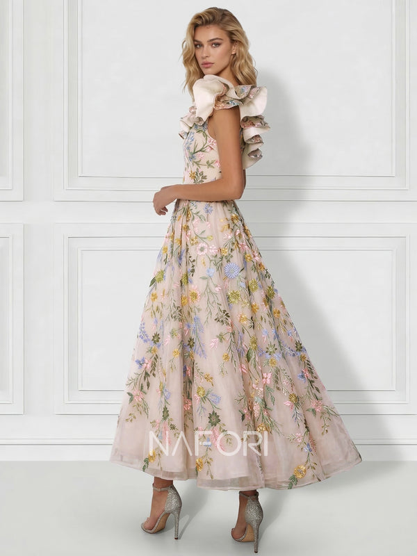 A-Line/Princess Elegant Cocktail Dress One Shoulder Tea-Length Floral Embroiery Dress Formal Wedding Guest Ruffles