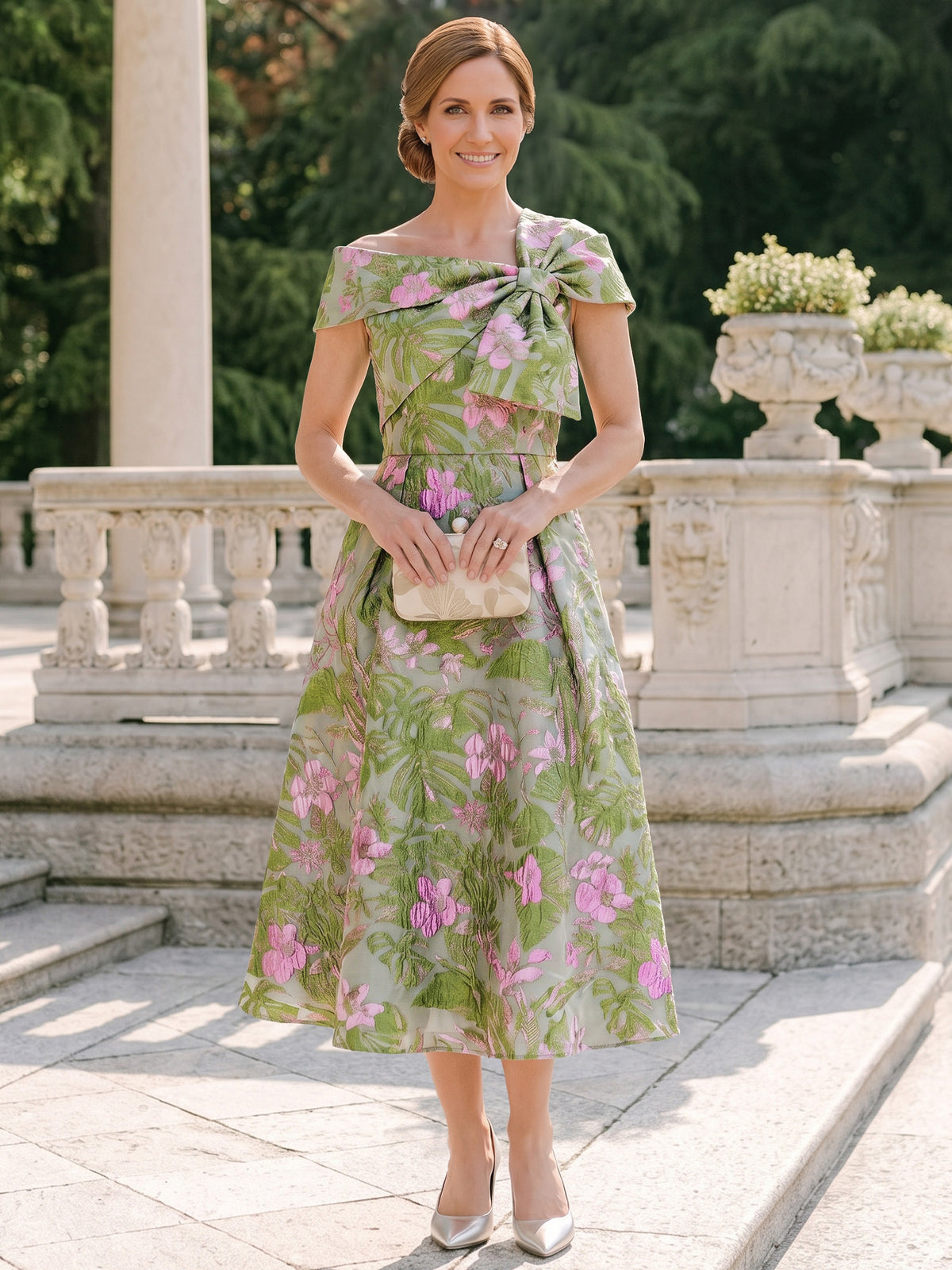Nafori Green A-Line Mother Of The Bride Dresses Jacquard Wedding Guest Tea-Length One-Shoulder With Bowknot 2026