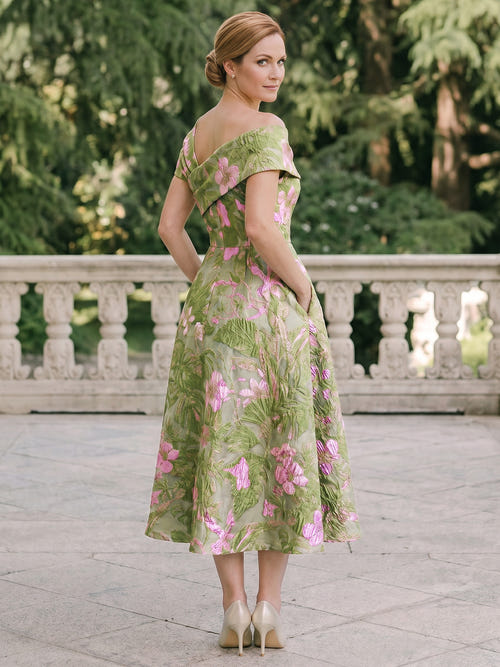 A-Line Mother of the Bridge Dresses Cocktail Dresses Jacquard Wedding Guest Tea-Length One-Shoulder With Bowknot