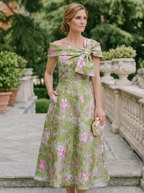 A-Line Mother of the Bridge Dresses Cocktail Dresses Jacquard Wedding Guest Tea-Length One-Shoulder With Bowknot
