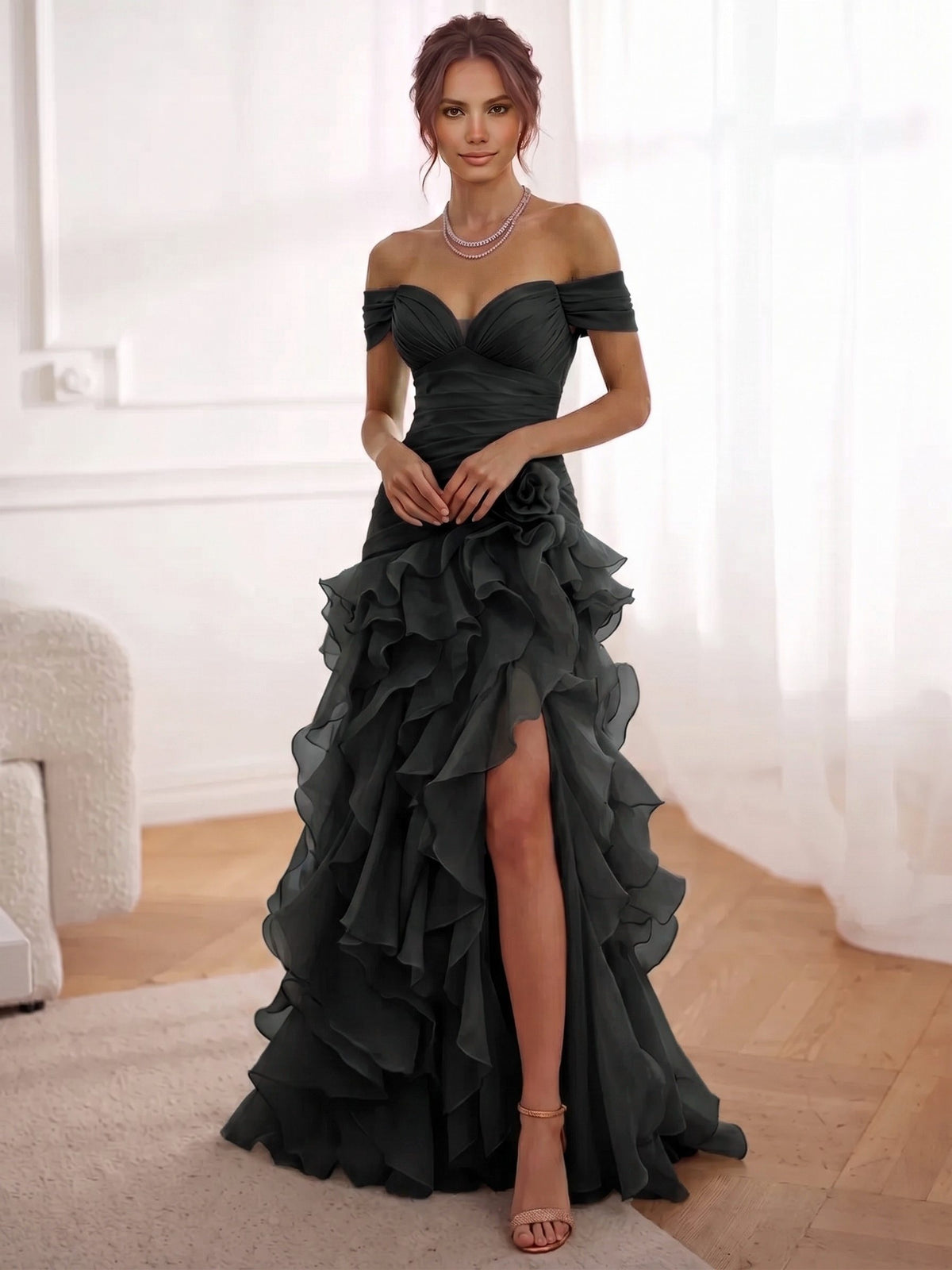 A-Line/Princess Evening Dresses Chiffon Floor-Length Off-The-Shoulder Short Sleeves Side Slit Ruffles With 3D Flower Lace-Up