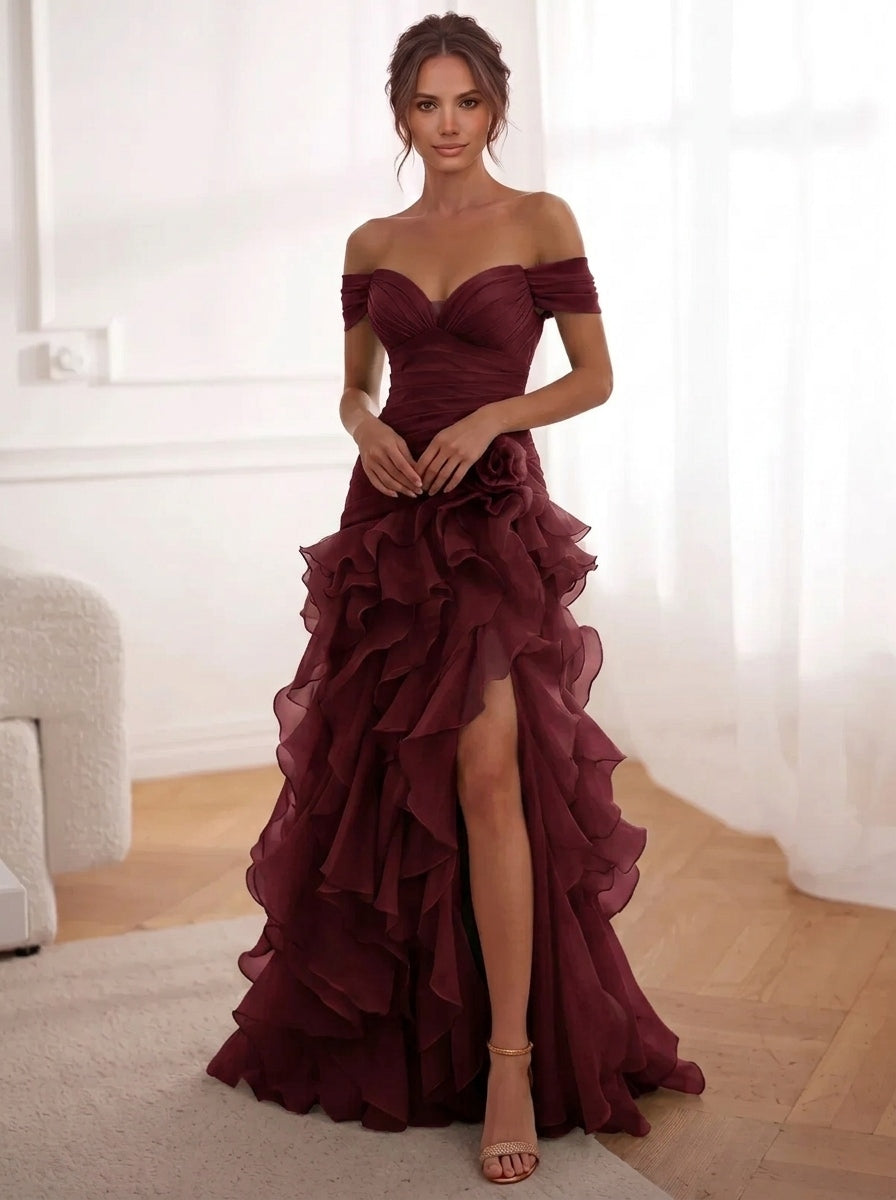 A-Line/Princess Evening Dresses Chiffon Floor-Length Off-The-Shoulder Short Sleeves Side Slit Ruffles With 3D Flower Lace-Up