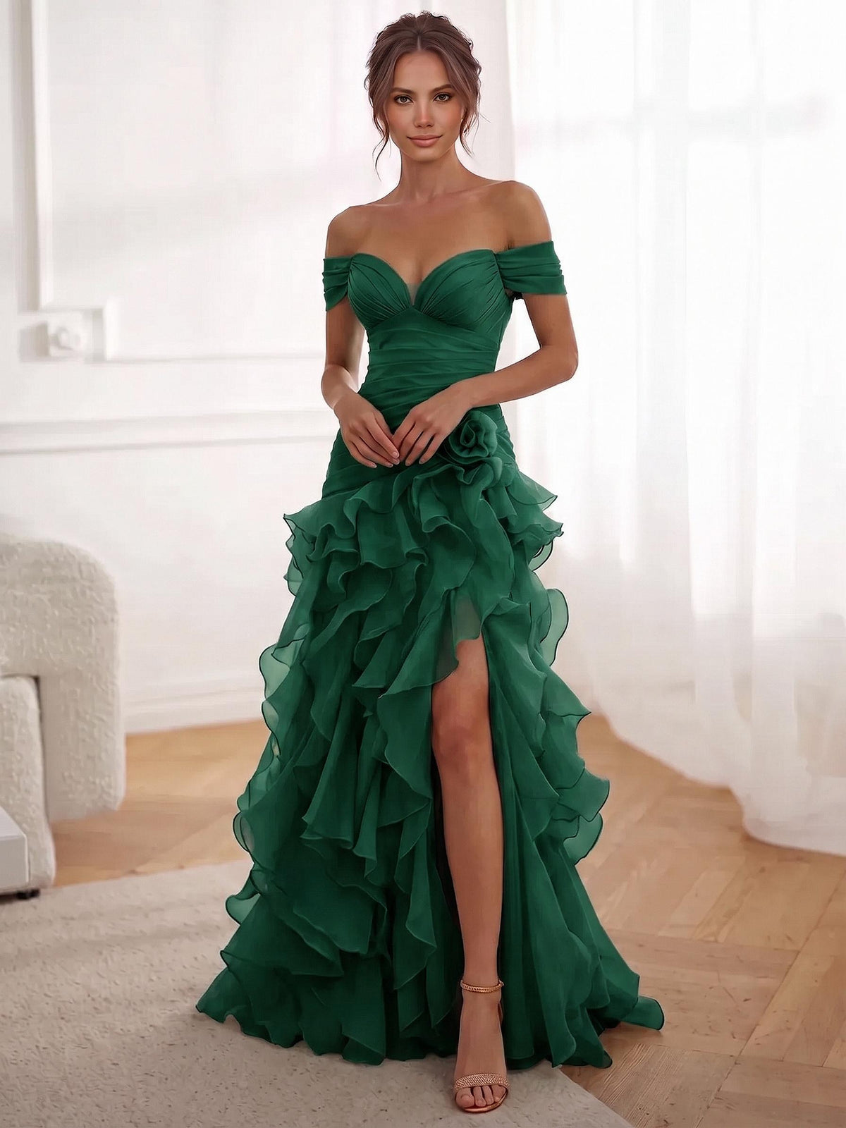 A-Line/Princess Evening Dresses Chiffon Floor-Length Off-The-Shoulder Short Sleeves Side Slit Ruffles With 3D Flower Lace-Up