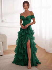 A-Line/Princess Evening Dresses Chiffon Floor-Length Off-The-Shoulder Short Sleeves Side Slit Ruffles With 3D Flower Lace-Up