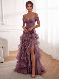 A-Line/Princess Evening Dresses Chiffon Floor-Length Off-The-Shoulder Short Sleeves Side Slit Ruffles With 3D Flower Lace-Up