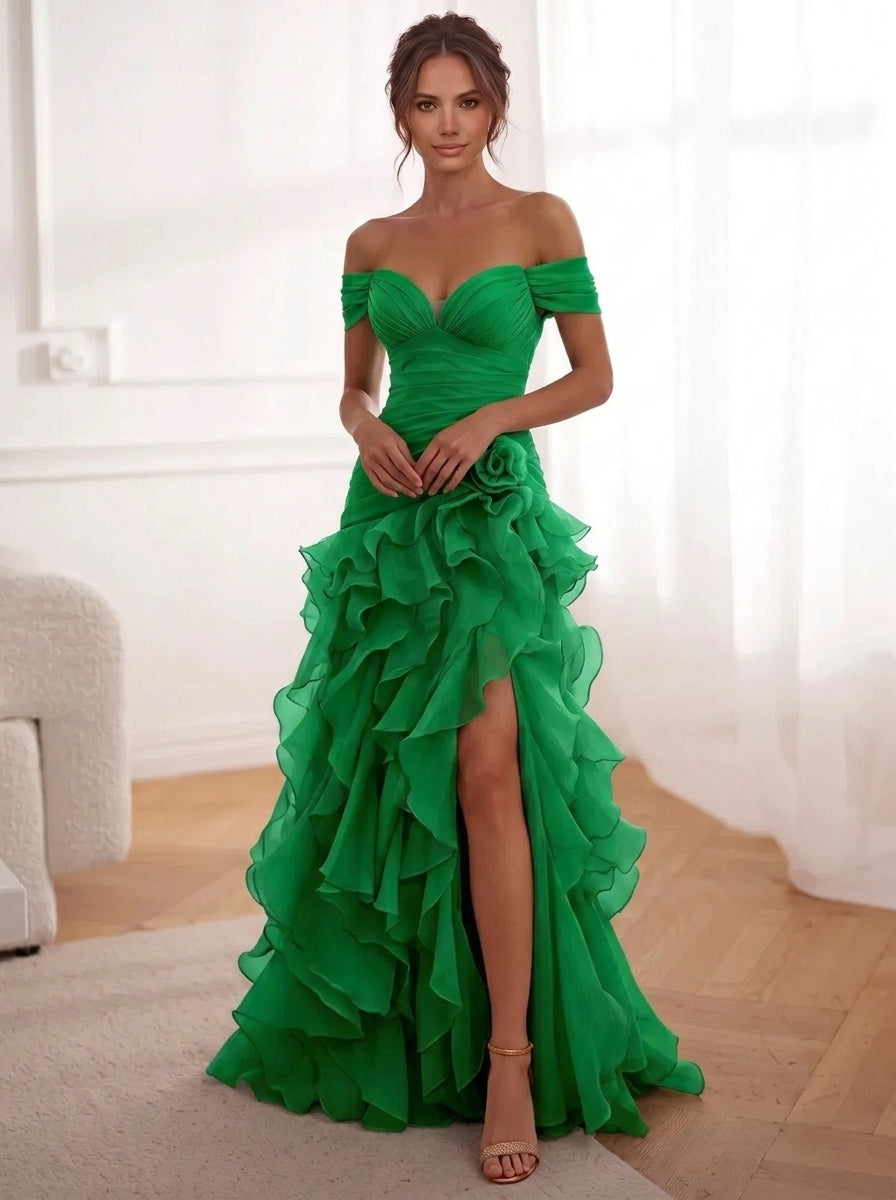 A-Line/Princess Evening Dresses Chiffon Floor-Length Off-The-Shoulder Short Sleeves Side Slit Ruffles With 3D Flower Lace-Up