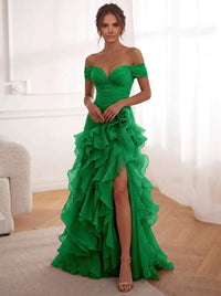 A-Line/Princess Evening Dresses Chiffon Floor-Length Off-The-Shoulder Short Sleeves Side Slit Ruffles With 3D Flower Lace-Up