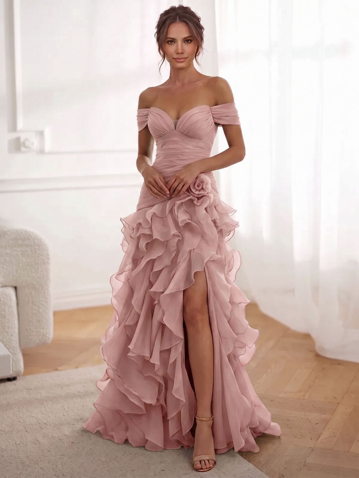 A-Line/Princess Evening Dresses Chiffon Floor-Length Off-The-Shoulder Short Sleeves Side Slit Ruffles With 3D Flower Lace-Up