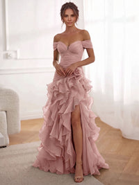 A-Line/Princess Evening Dresses Chiffon Floor-Length Off-The-Shoulder Short Sleeves Side Slit Ruffles With 3D Flower Lace-Up