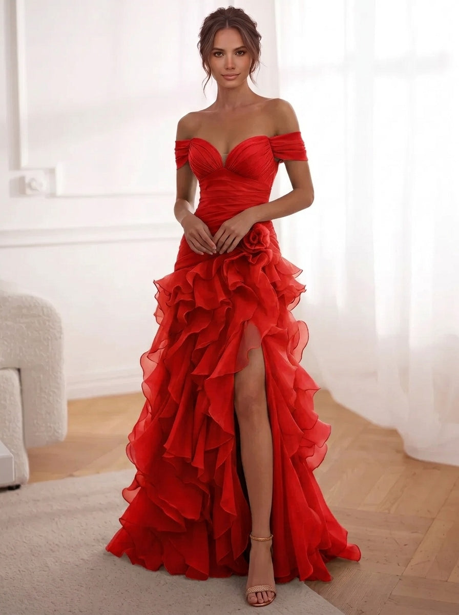 A-Line/Princess Evening Dresses Chiffon Floor-Length Off-The-Shoulder Short Sleeves Side Slit Ruffles With 3D Flower Lace-Up