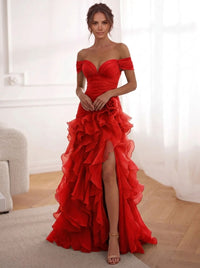 A-Line/Princess Evening Dresses Chiffon Floor-Length Off-The-Shoulder Short Sleeves Side Slit Ruffles With 3D Flower Lace-Up
