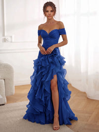 A-Line/Princess Evening Dresses Chiffon Floor-Length Off-The-Shoulder Short Sleeves Side Slit Ruffles With 3D Flower Lace-Up