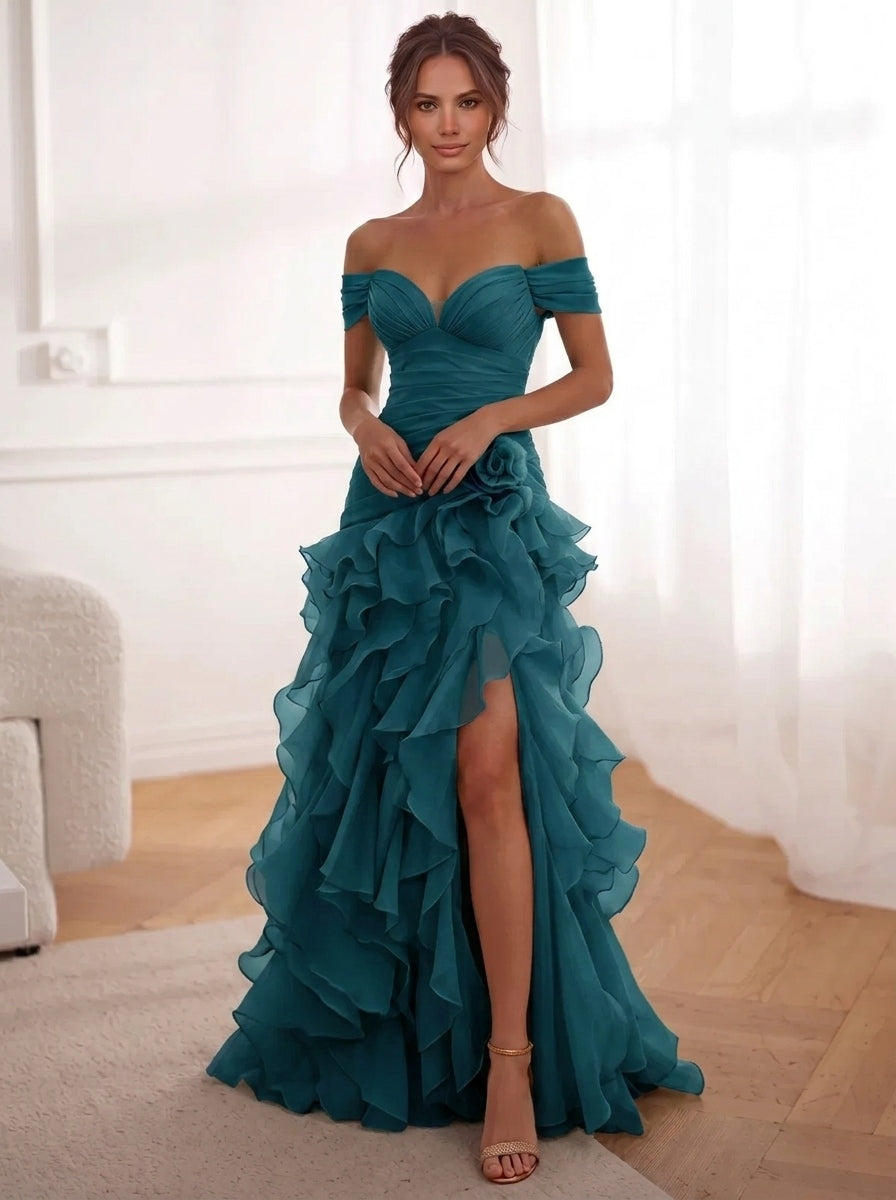 A-Line/Princess Evening Dresses Chiffon Floor-Length Off-The-Shoulder Short Sleeves Side Slit Ruffles With 3D Flower Lace-Up