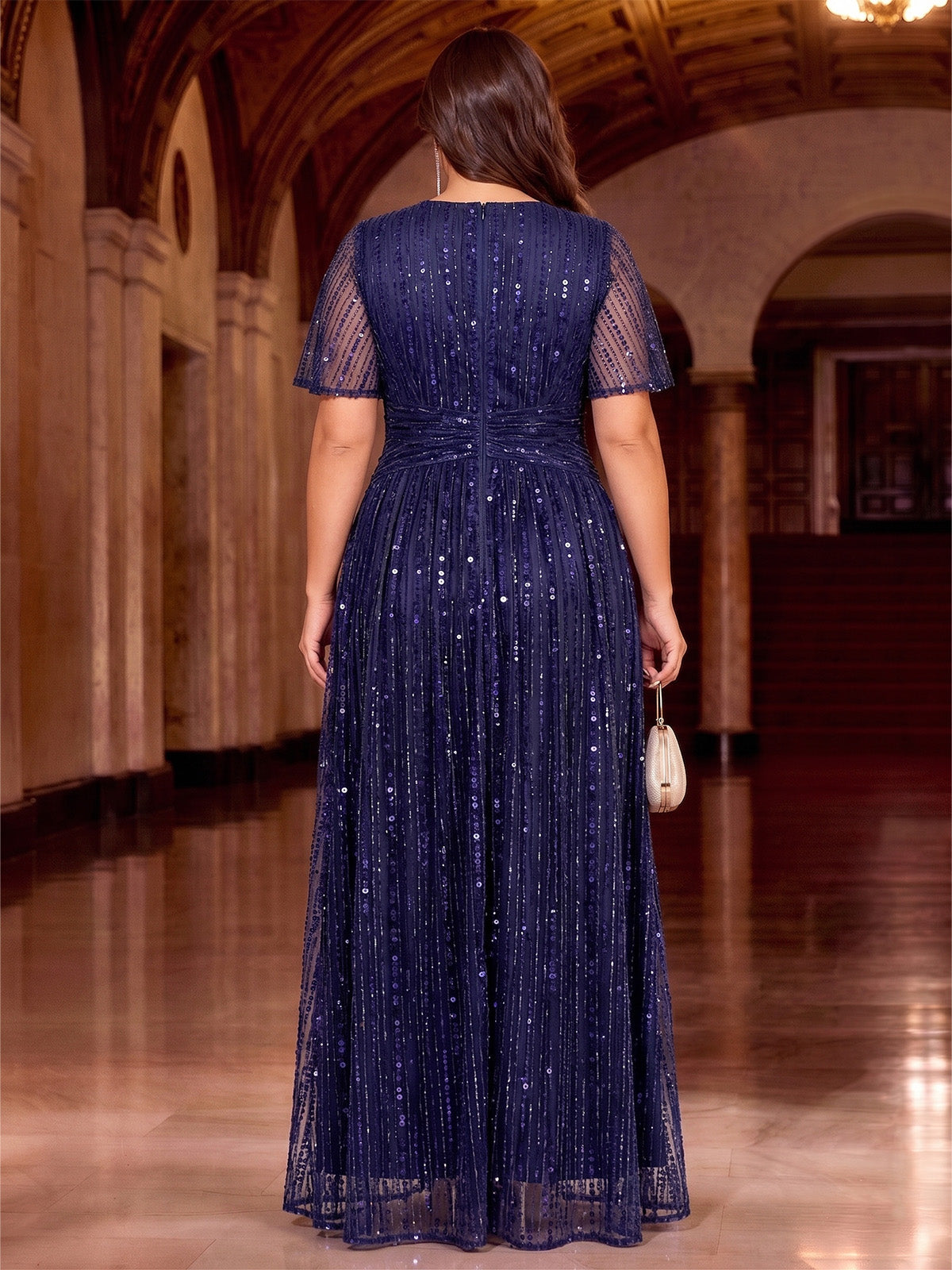 A-Line/Princess Plus Size Evening Dresses Sequins Floor-Length V-Neck Illusion Short Sleeves Pleated Zipper