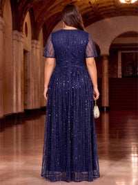 A-Line/Princess Plus Size Evening Dresses Sequins Floor-Length V-Neck Illusion Short Sleeves Pleated Zipper